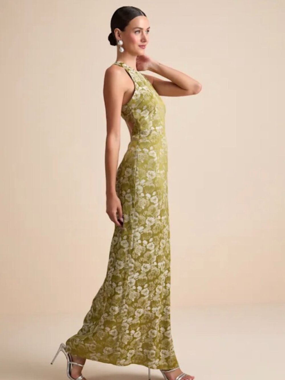 Lulus Lamila Chartreuse Floral Satin Column Maxi Dress Green - Size S - Picture 4 of 5